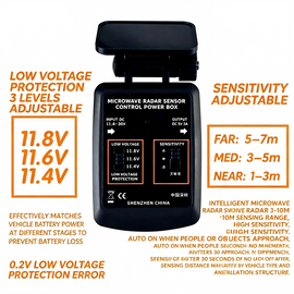 OBD microwave radar sensing parking monitoring power supply box, 360° motion detection, low voltage protection, multiple connector options, fuel vehicle sentry mode.