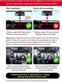 OBD microwave radar sensing parking monitoring power supply box, 360° motion detection, low voltage protection, multiple connector options, fuel vehicle sentry mode.
